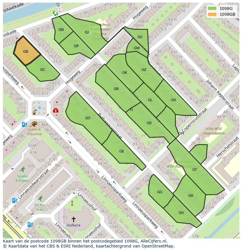 Afbeelding van het postcodegebied 1098 GB op de kaart.