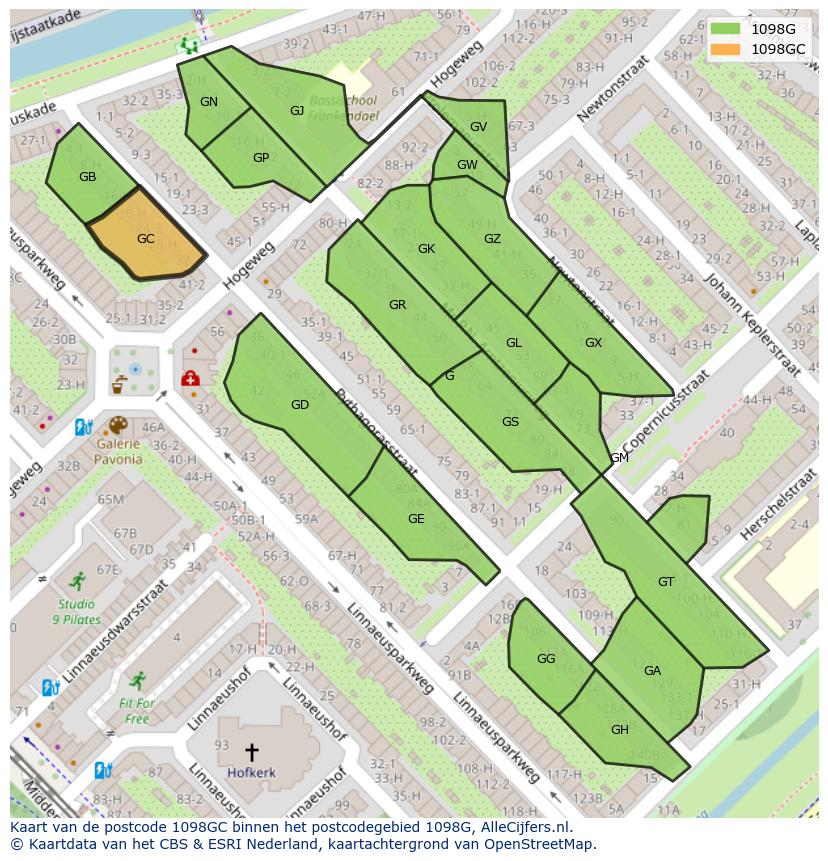 Afbeelding van het postcodegebied 1098 GC op de kaart.