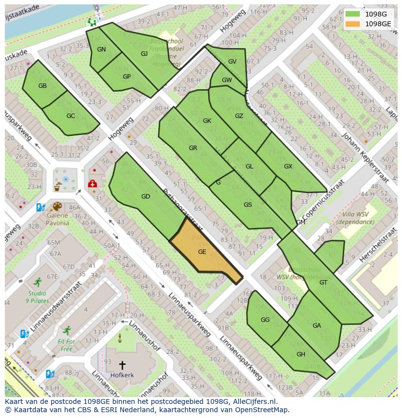 Afbeelding van het postcodegebied 1098 GE op de kaart.