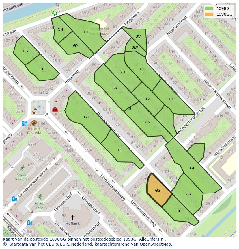Afbeelding van het postcodegebied 1098 GG op de kaart.