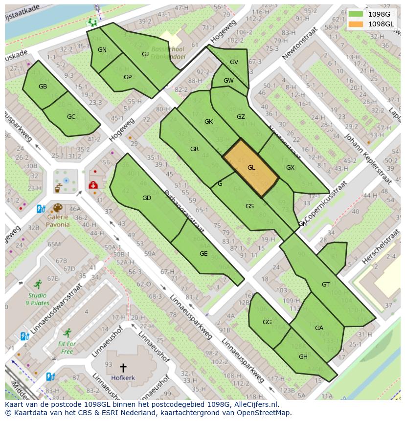 Afbeelding van het postcodegebied 1098 GL op de kaart.