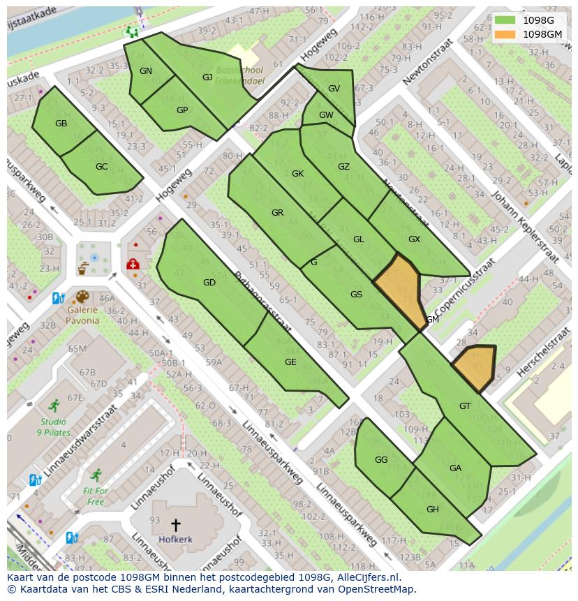 Afbeelding van het postcodegebied 1098 GM op de kaart.