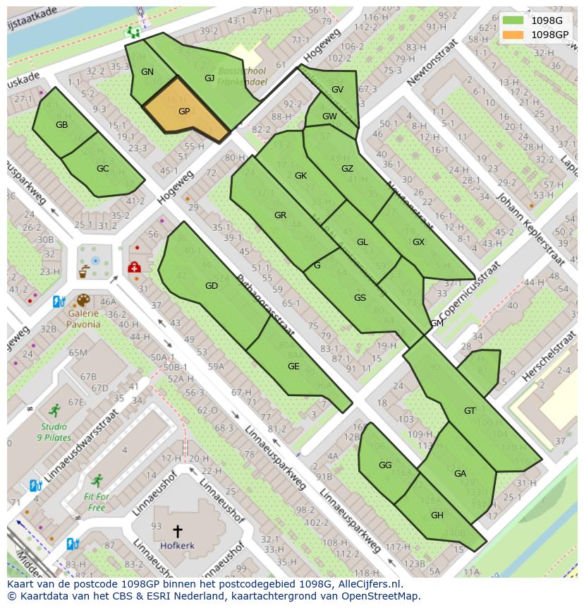 Afbeelding van het postcodegebied 1098 GP op de kaart.