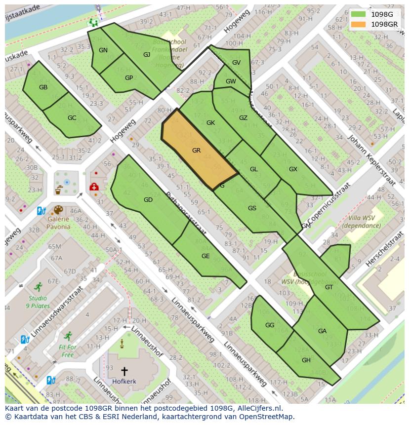 Afbeelding van het postcodegebied 1098 GR op de kaart.