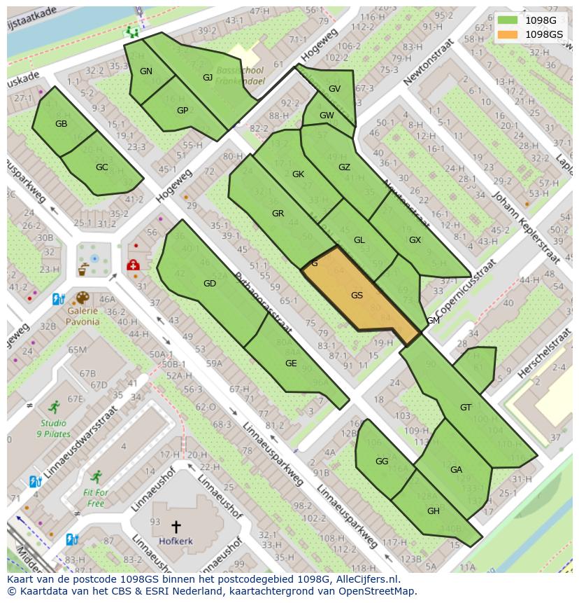 Afbeelding van het postcodegebied 1098 GS op de kaart.
