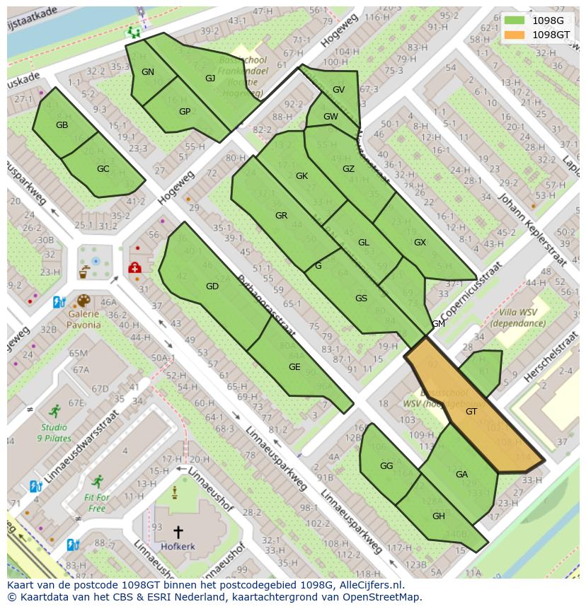 Afbeelding van het postcodegebied 1098 GT op de kaart.
