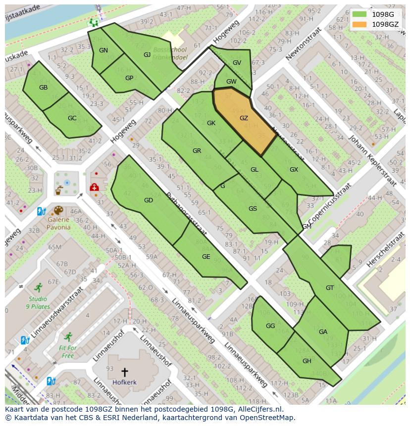 Afbeelding van het postcodegebied 1098 GZ op de kaart.