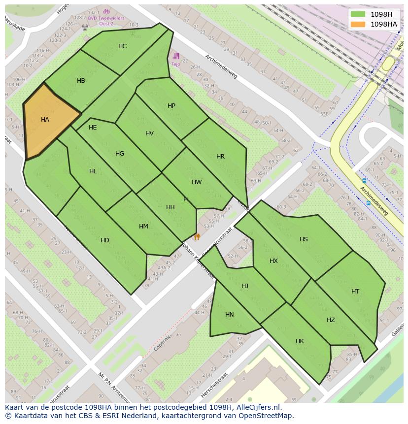 Afbeelding van het postcodegebied 1098 HA op de kaart.