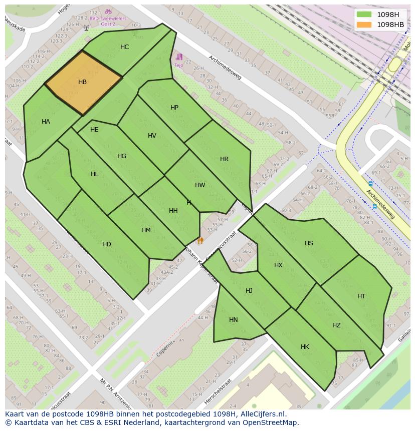 Afbeelding van het postcodegebied 1098 HB op de kaart.