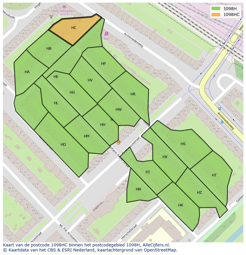 Afbeelding van het postcodegebied 1098 HC op de kaart.