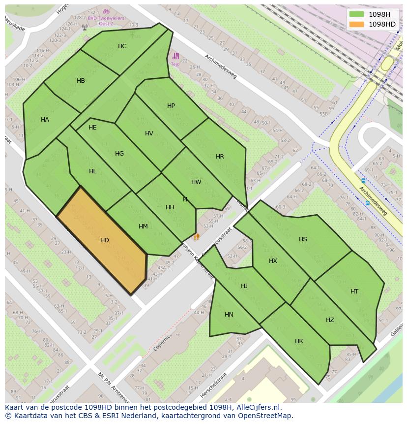 Afbeelding van het postcodegebied 1098 HD op de kaart.