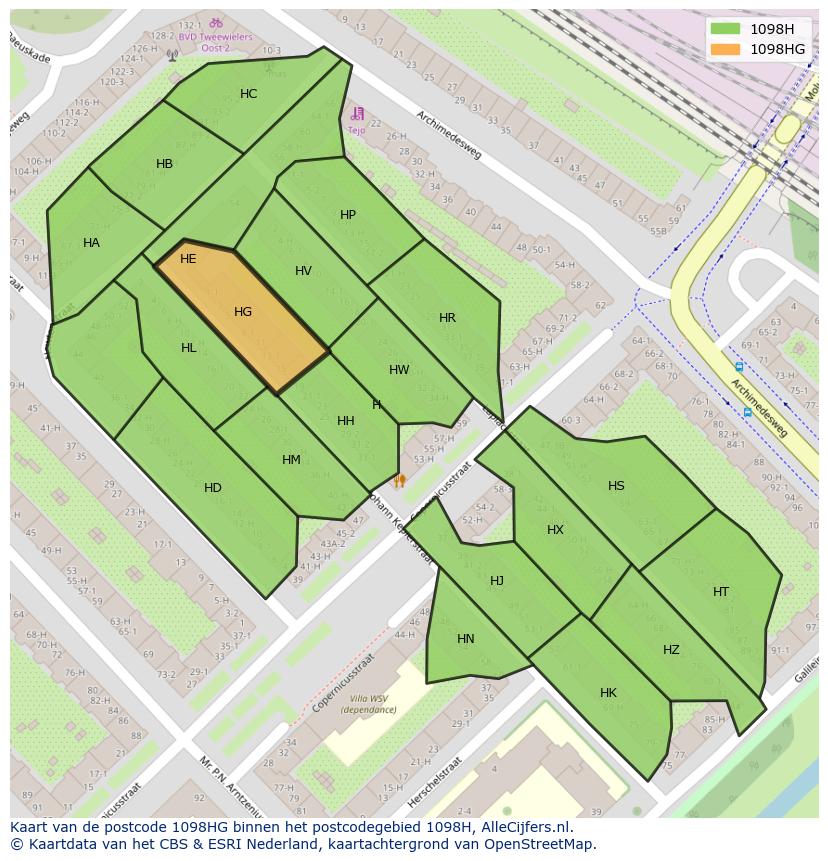 Afbeelding van het postcodegebied 1098 HG op de kaart.