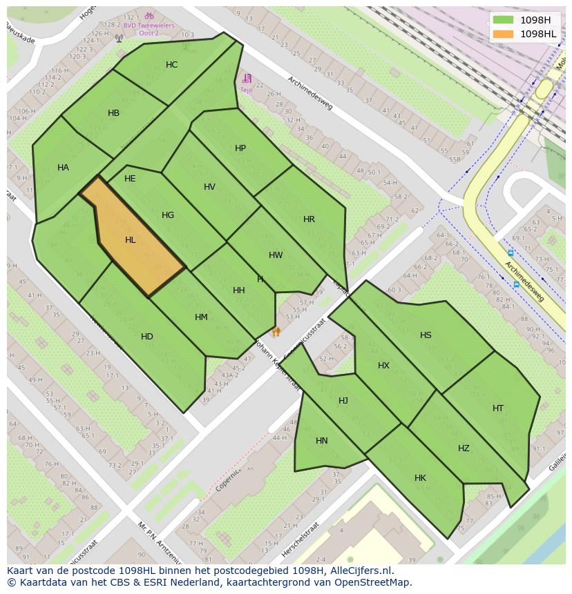 Afbeelding van het postcodegebied 1098 HL op de kaart.