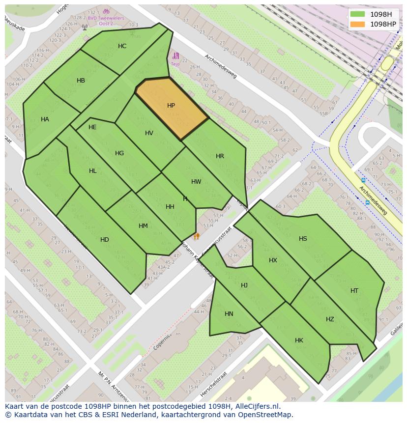 Afbeelding van het postcodegebied 1098 HP op de kaart.