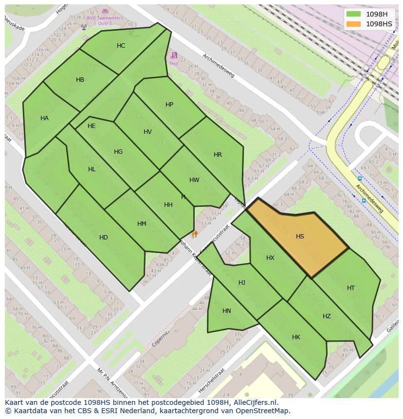 Afbeelding van het postcodegebied 1098 HS op de kaart.