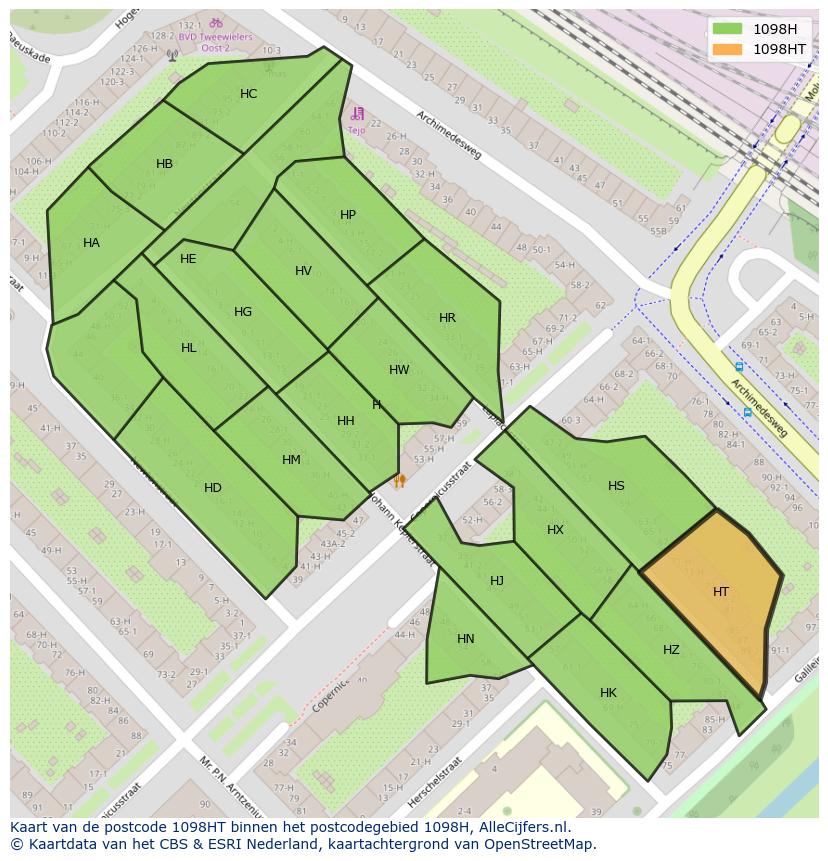 Afbeelding van het postcodegebied 1098 HT op de kaart.