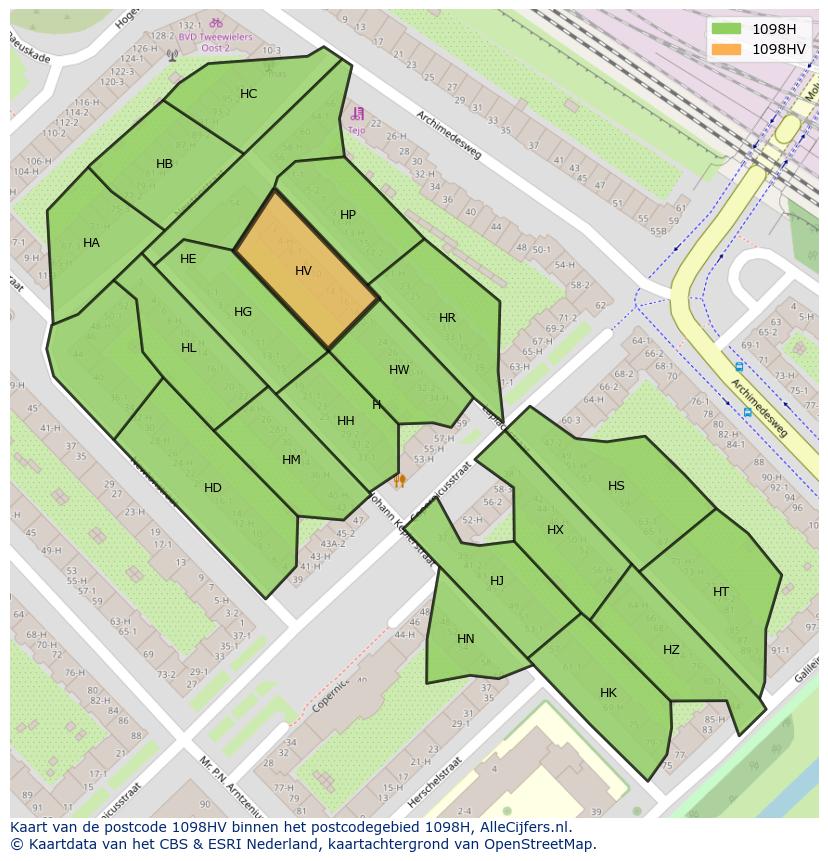 Afbeelding van het postcodegebied 1098 HV op de kaart.