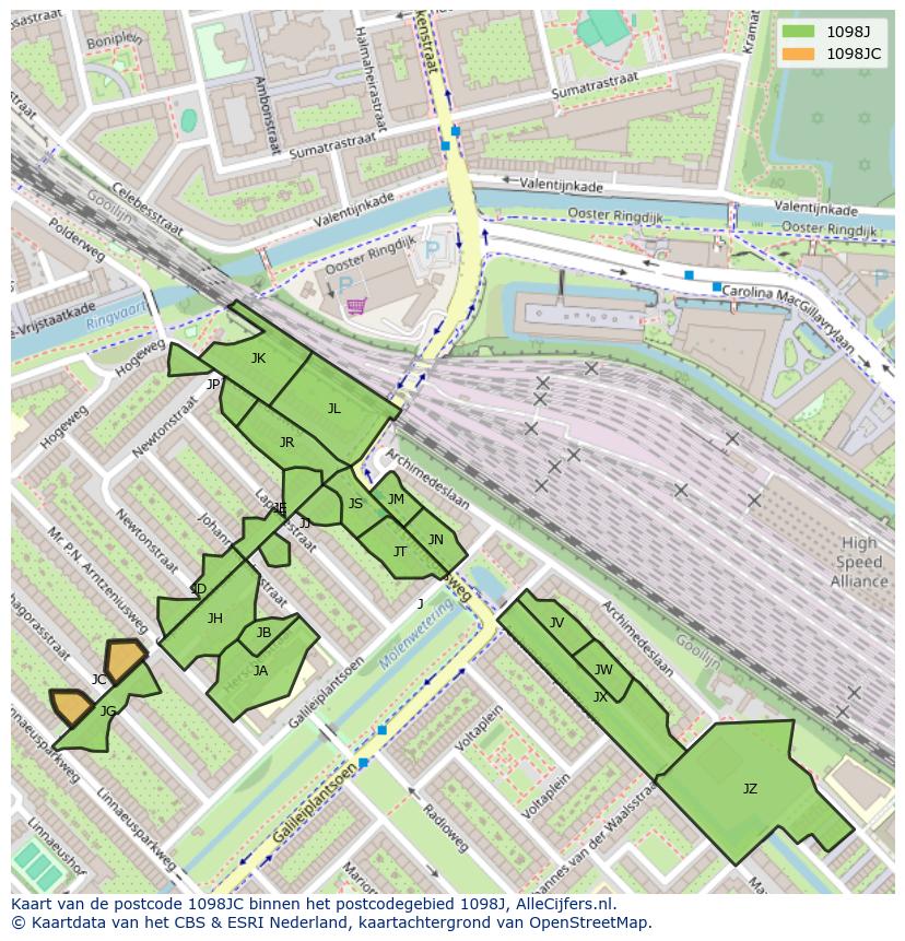 Afbeelding van het postcodegebied 1098 JC op de kaart.