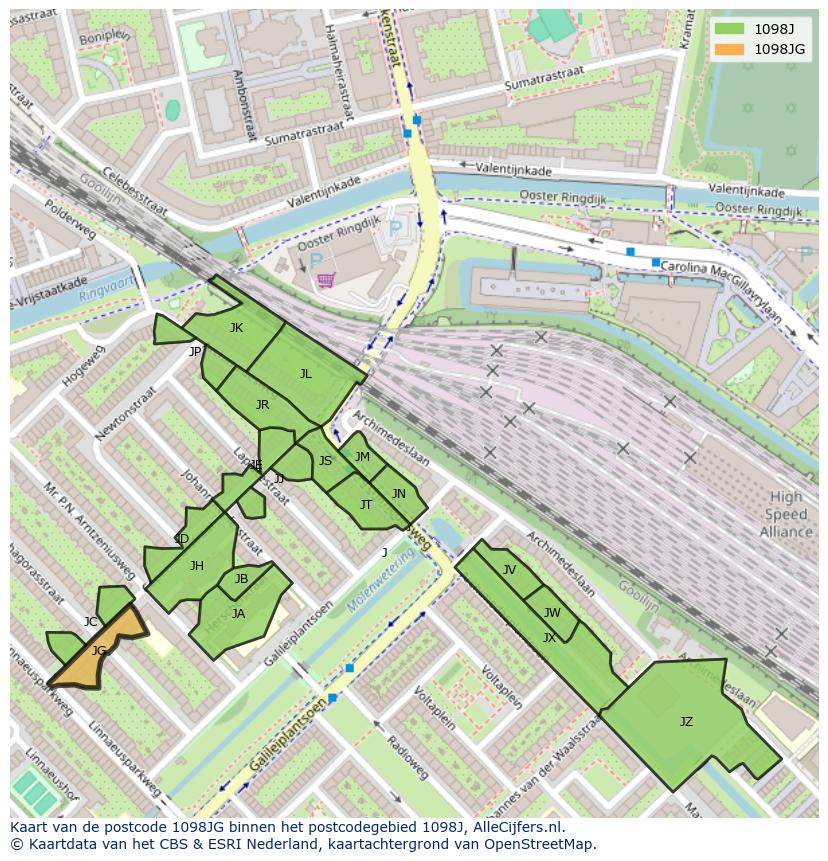 Afbeelding van het postcodegebied 1098 JG op de kaart.