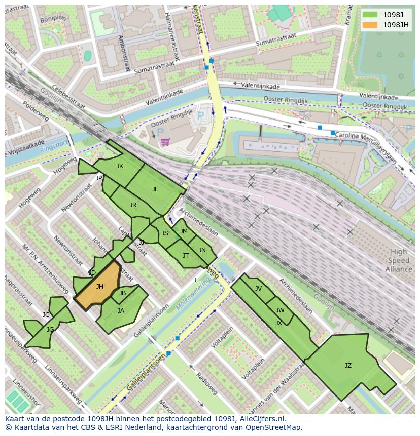 Afbeelding van het postcodegebied 1098 JH op de kaart.