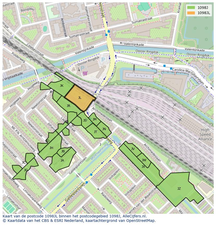 Afbeelding van het postcodegebied 1098 JL op de kaart.