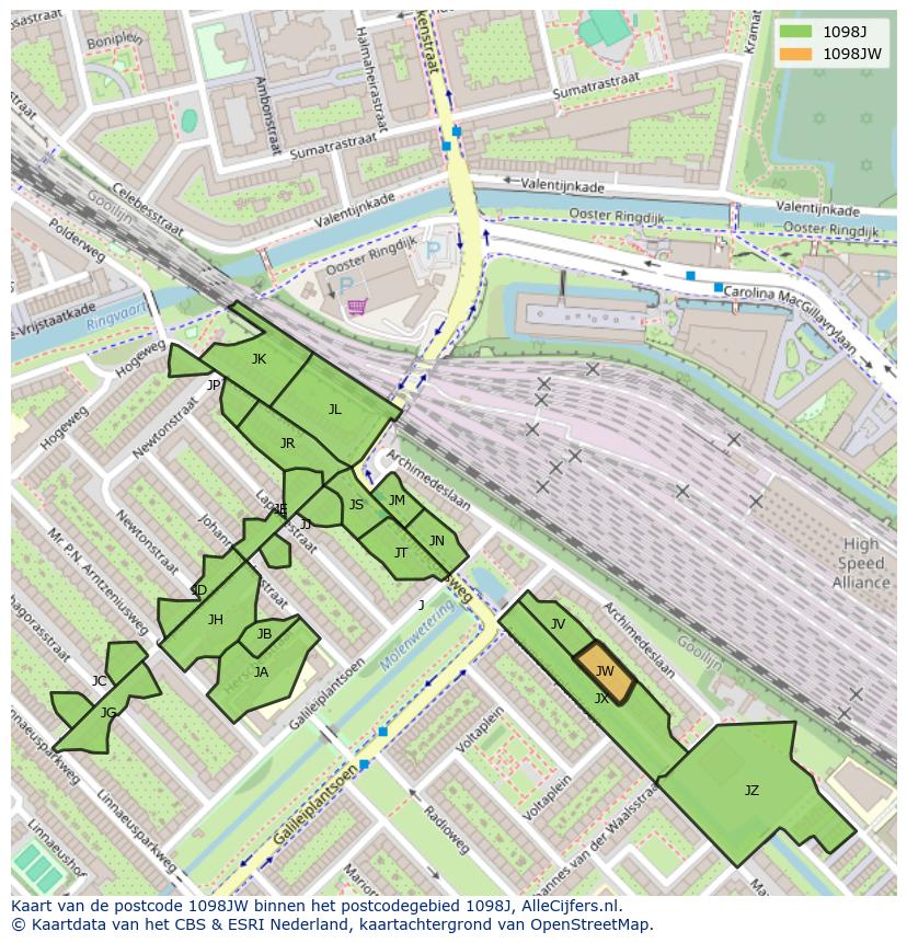 Afbeelding van het postcodegebied 1098 JW op de kaart.