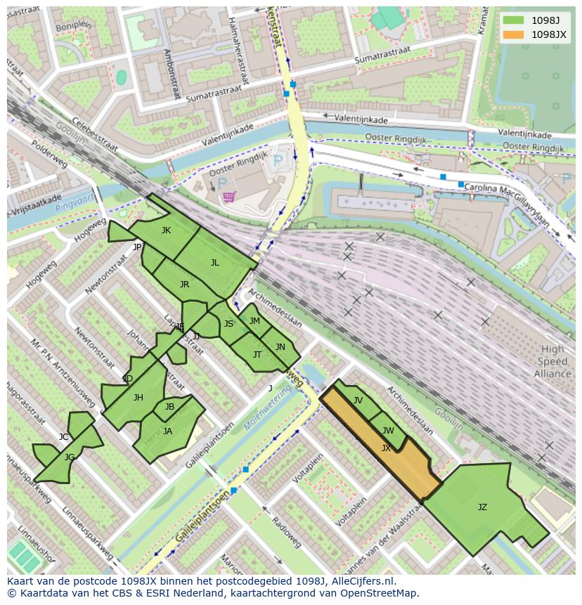 Afbeelding van het postcodegebied 1098 JX op de kaart.