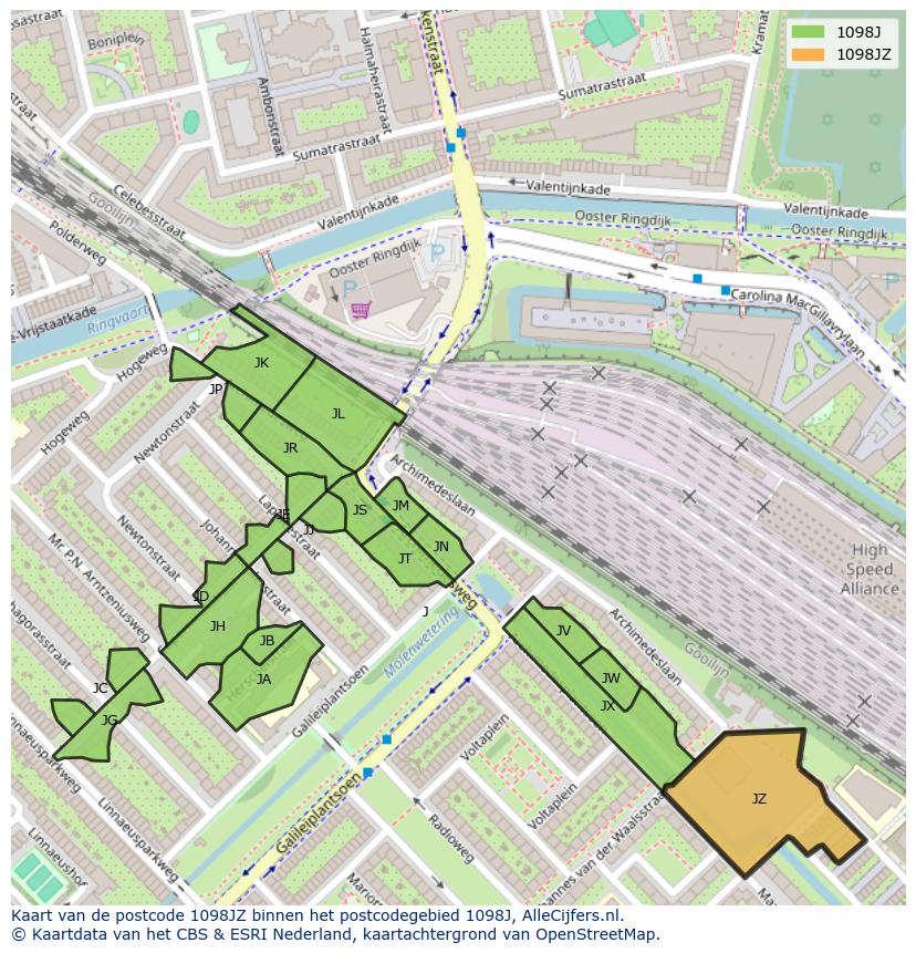 Afbeelding van het postcodegebied 1098 JZ op de kaart.