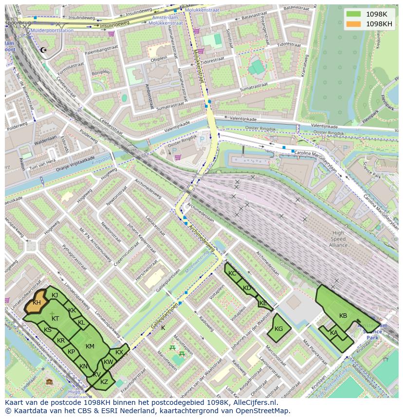 Afbeelding van het postcodegebied 1098 KH op de kaart.