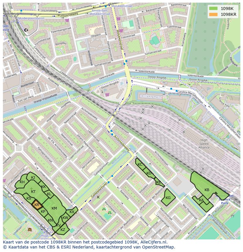 Afbeelding van het postcodegebied 1098 KR op de kaart.