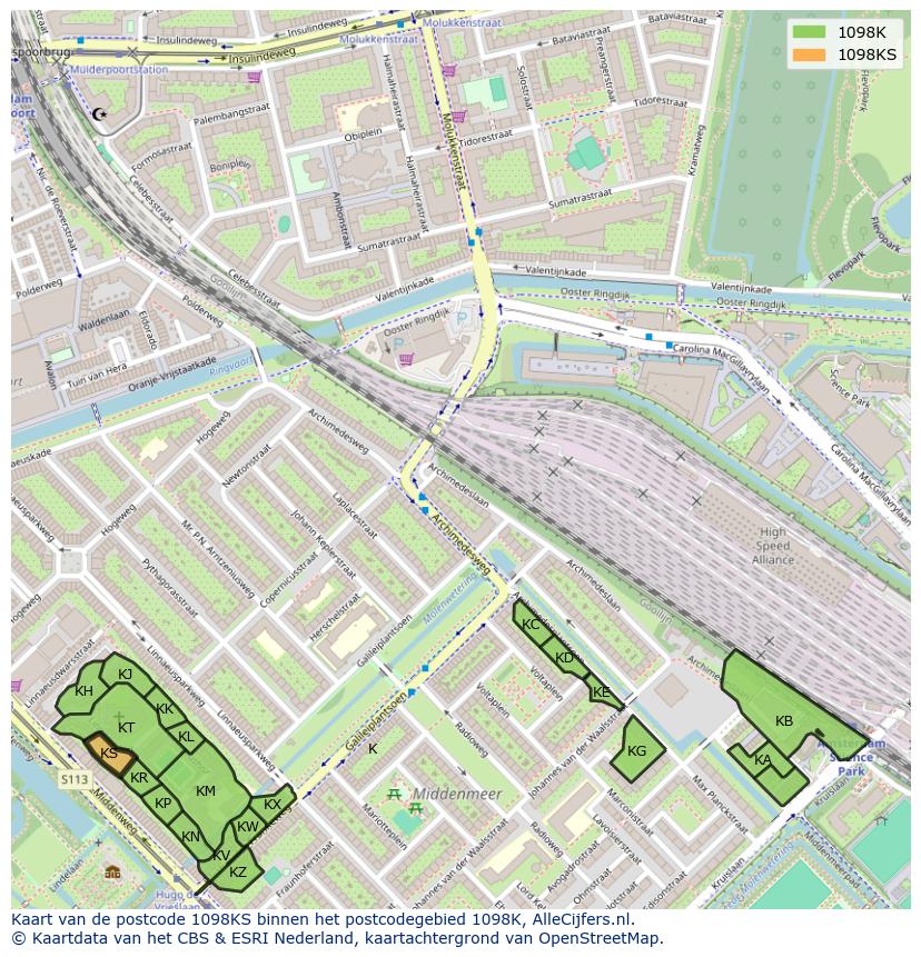 Afbeelding van het postcodegebied 1098 KS op de kaart.