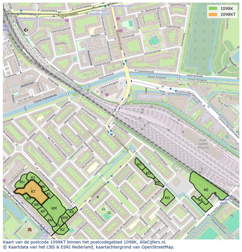 Afbeelding van het postcodegebied 1098 KT op de kaart.