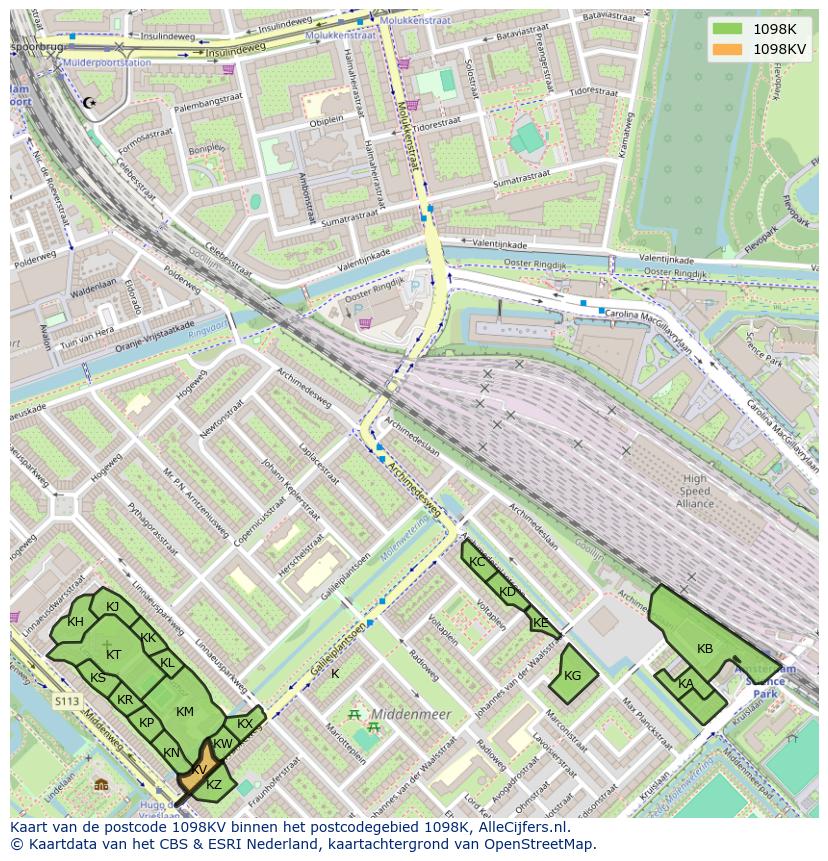Afbeelding van het postcodegebied 1098 KV op de kaart.