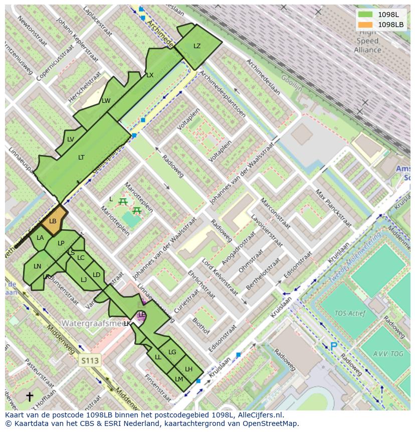 Afbeelding van het postcodegebied 1098 LB op de kaart.