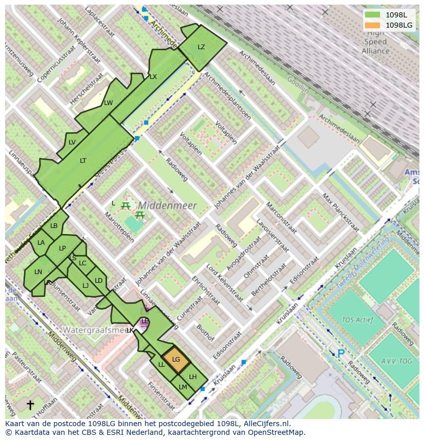 Afbeelding van het postcodegebied 1098 LG op de kaart.