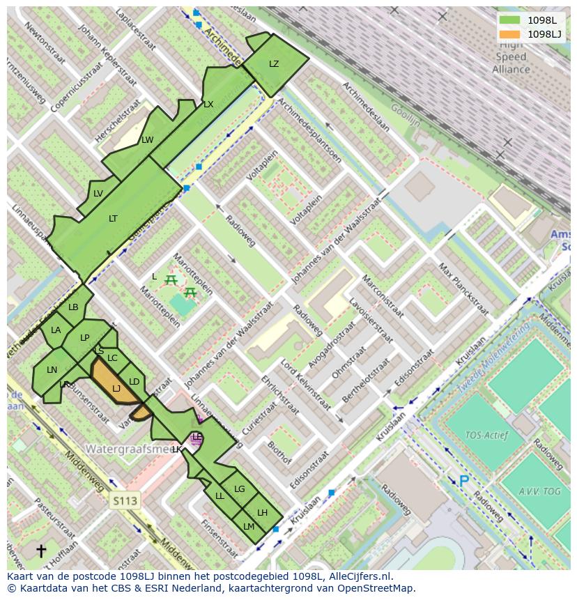 Afbeelding van het postcodegebied 1098 LJ op de kaart.