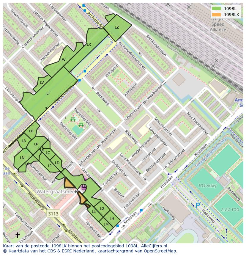 Afbeelding van het postcodegebied 1098 LK op de kaart.