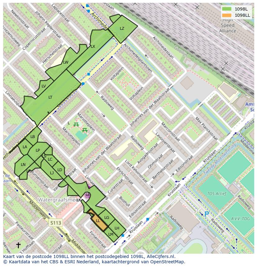 Afbeelding van het postcodegebied 1098 LL op de kaart.