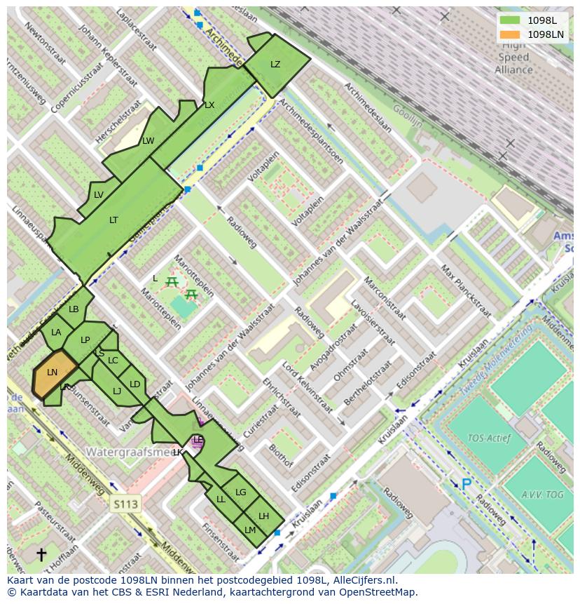 Afbeelding van het postcodegebied 1098 LN op de kaart.