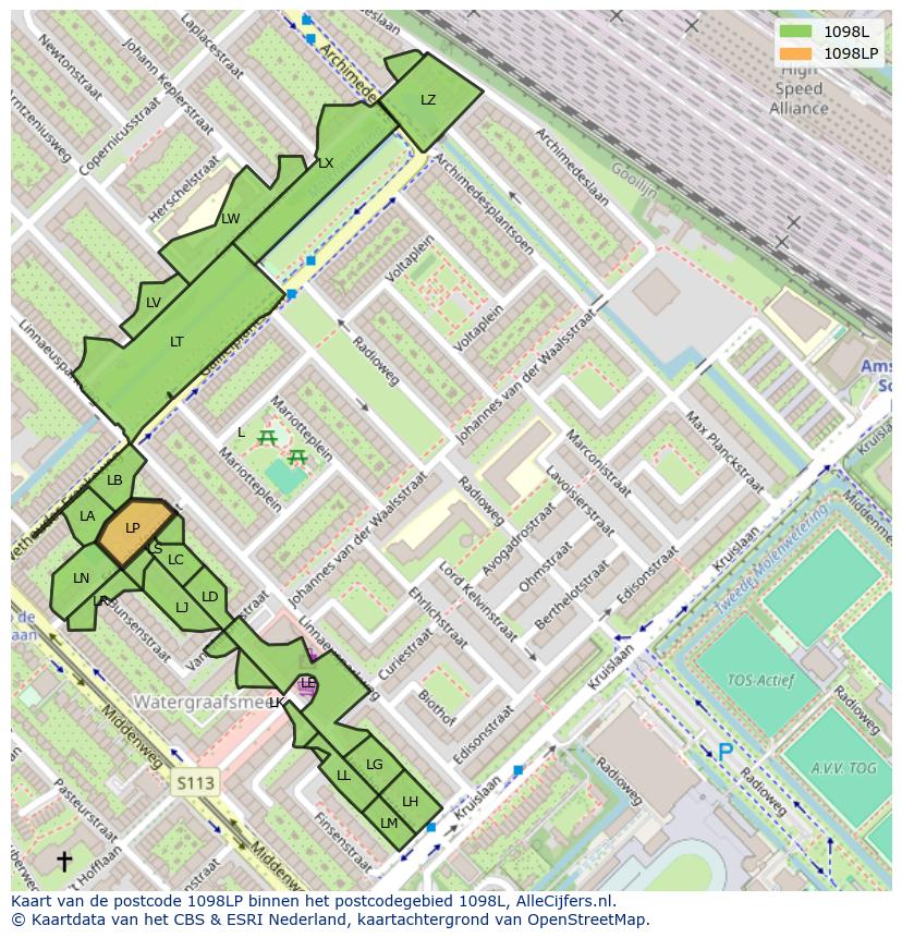 Afbeelding van het postcodegebied 1098 LP op de kaart.