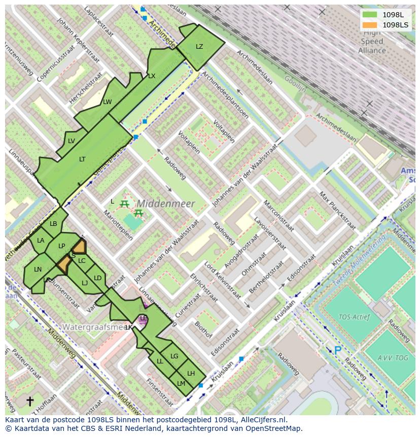 Afbeelding van het postcodegebied 1098 LS op de kaart.