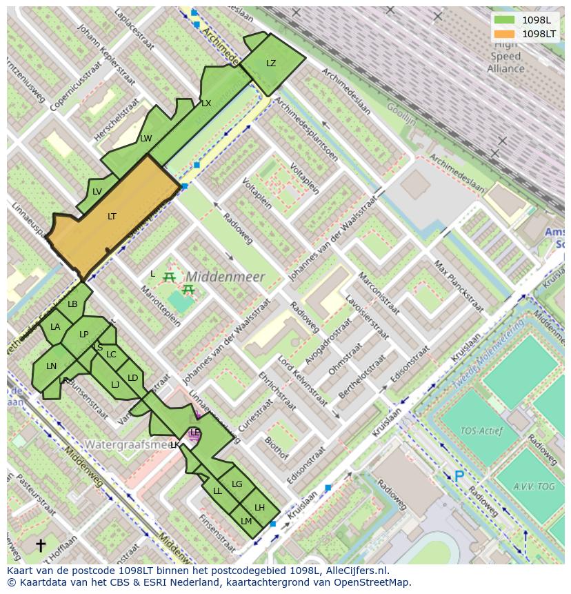 Afbeelding van het postcodegebied 1098 LT op de kaart.