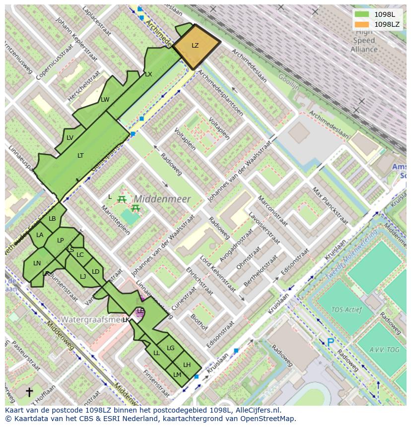 Afbeelding van het postcodegebied 1098 LZ op de kaart.