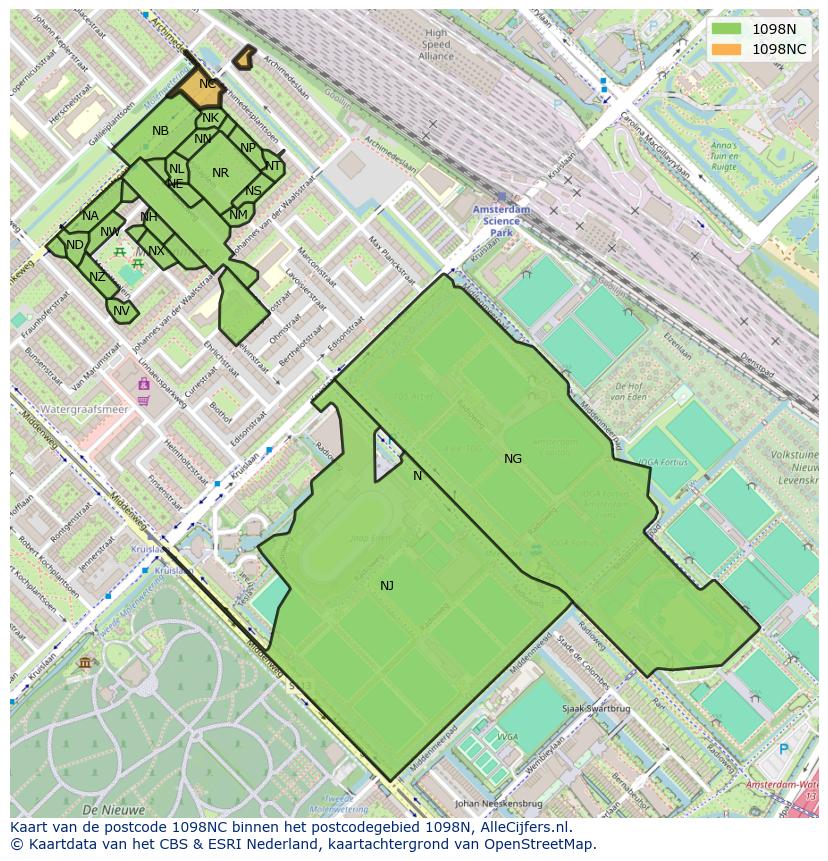 Afbeelding van het postcodegebied 1098 NC op de kaart.