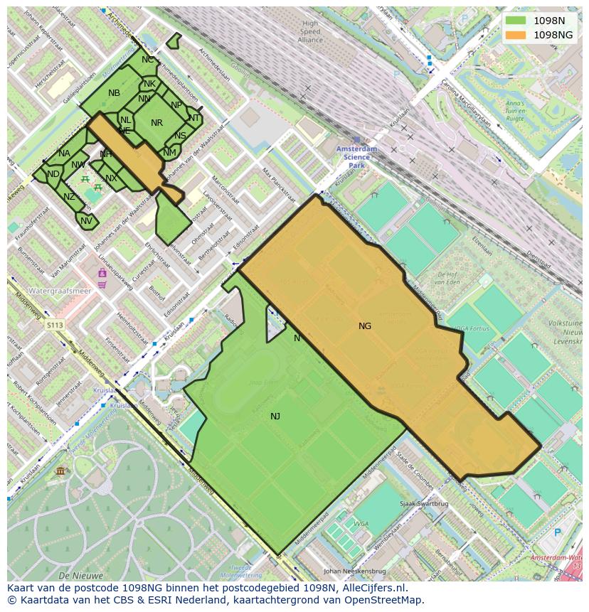 Afbeelding van het postcodegebied 1098 NG op de kaart.