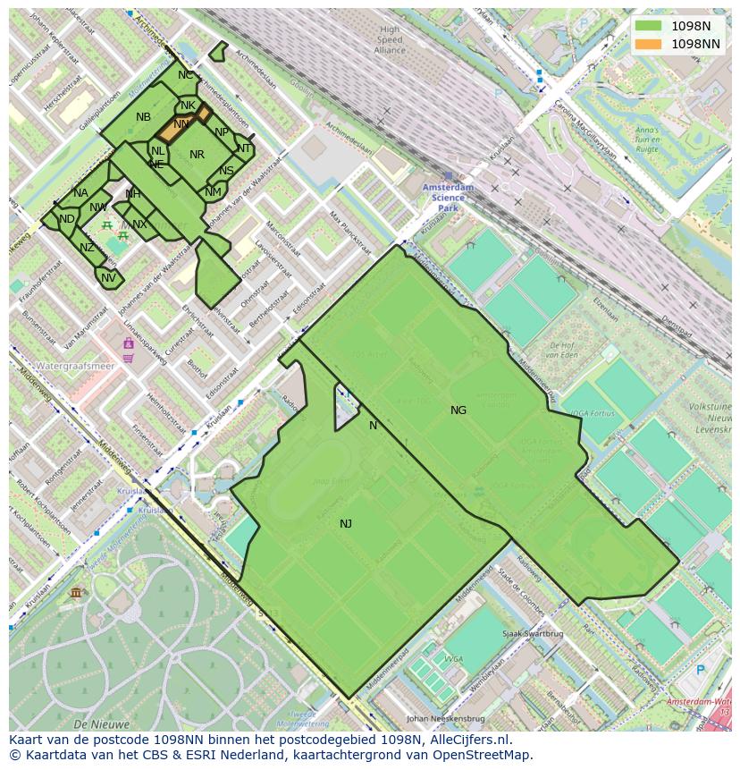 Afbeelding van het postcodegebied 1098 NN op de kaart.