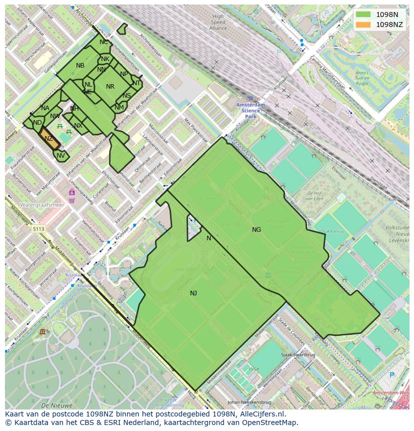 Afbeelding van het postcodegebied 1098 NZ op de kaart.