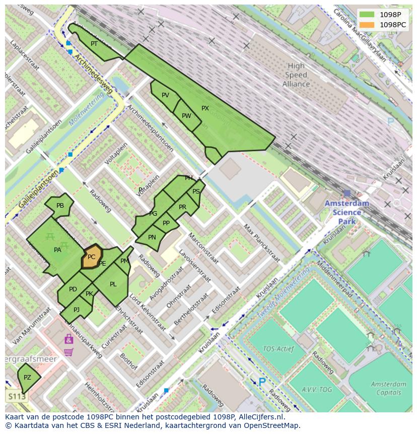 Afbeelding van het postcodegebied 1098 PC op de kaart.