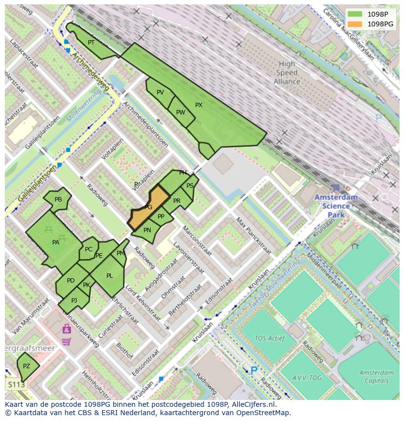 Afbeelding van het postcodegebied 1098 PG op de kaart.