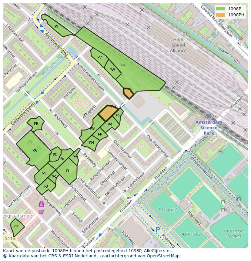 Afbeelding van het postcodegebied 1098 PH op de kaart.